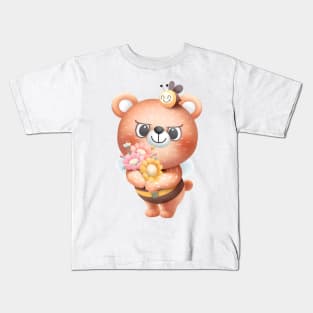 Cheerful Cartoon Bear with Flowers and Bee Illustration Kids T-Shirt